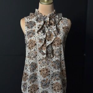 LOFT Brown and White Ruffled Sleeveless Blouse